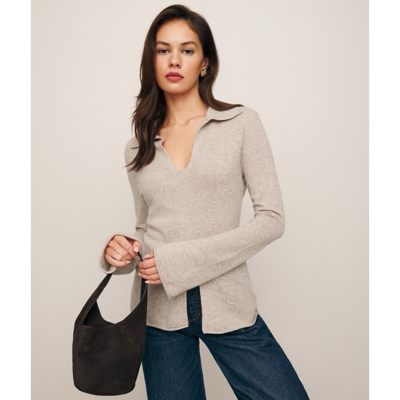 Reformation Jade Cashmere Collared Sweater (Sz L) Long Sleeve Front Slit Barley - Picture 1 of 14